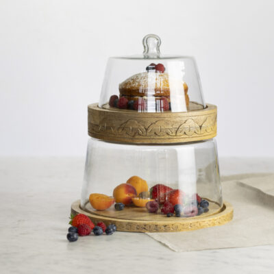 Stackable Glass Cloches with Wooden Base (set of 2)