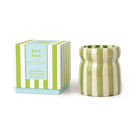 Cabana Sage Striped Ceramic Candle - Bora Bora (Boxed)