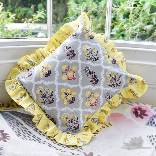 Grey Floral Cushion with Yellow Ruffle