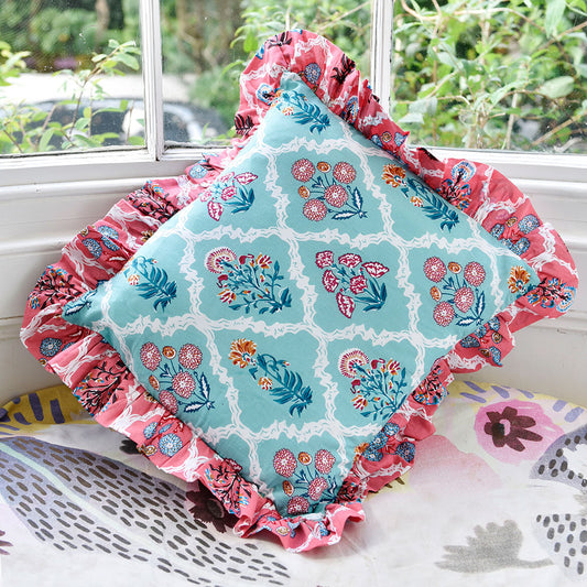 Blue Floral Cushion with Pink Ruffle