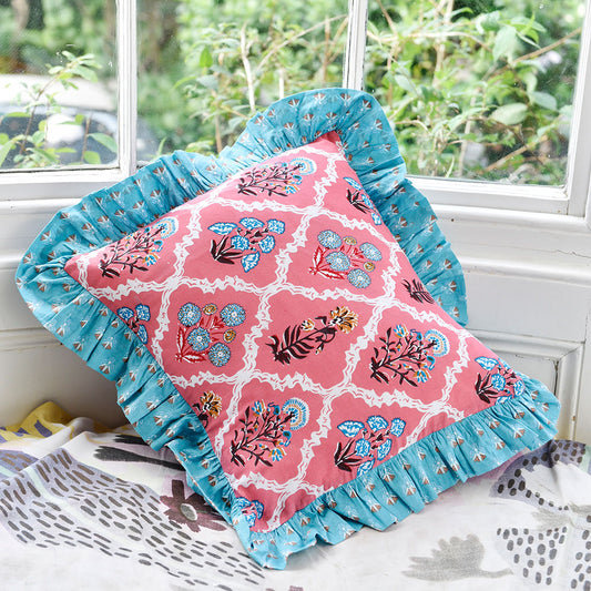 Pink Floral Cushion with Blue Ruffle