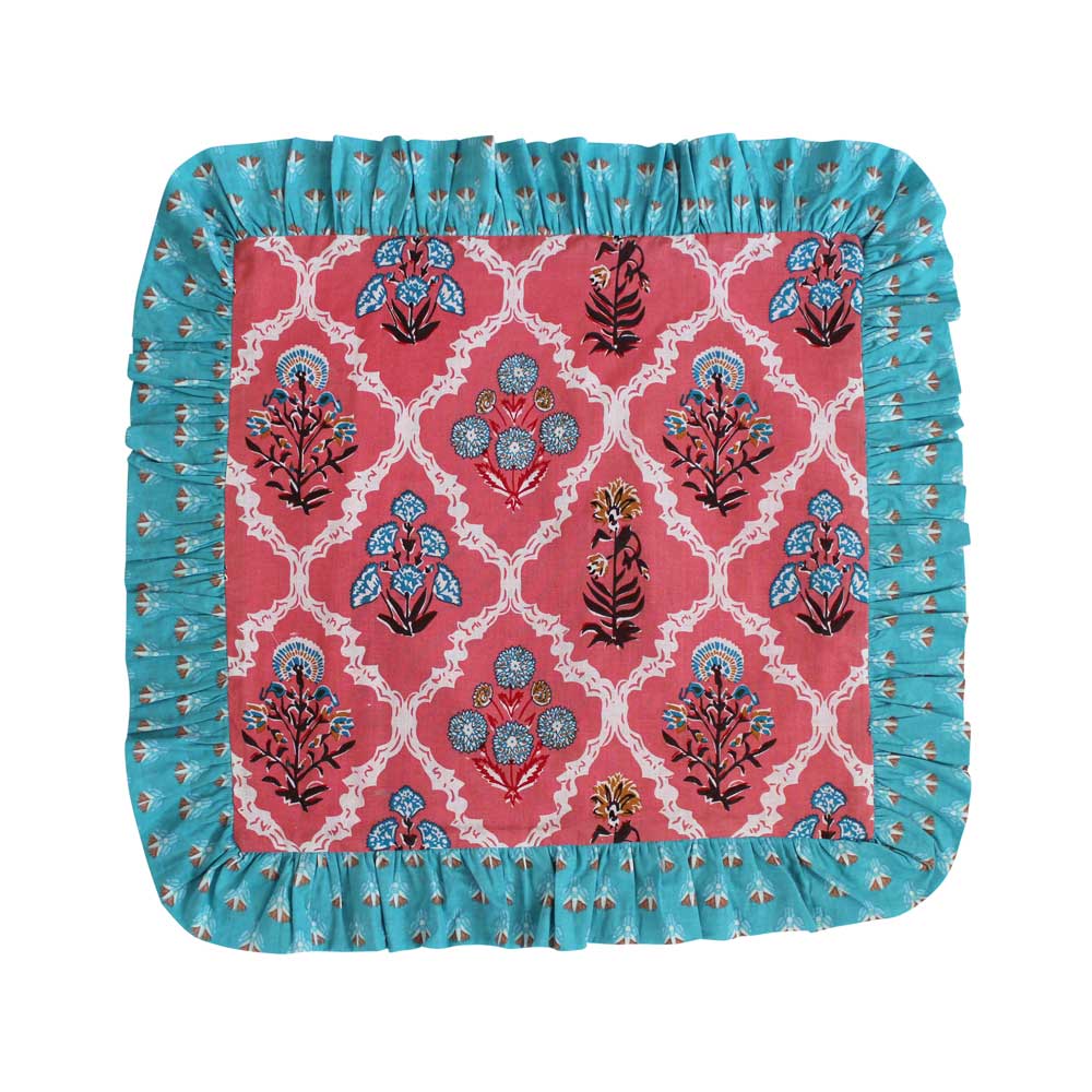 Pink Floral Cushion with Blue Ruffle