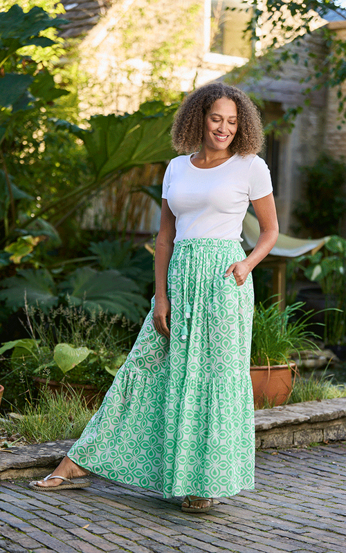 Como Cotton Printed Skirt - One Size - Green & White