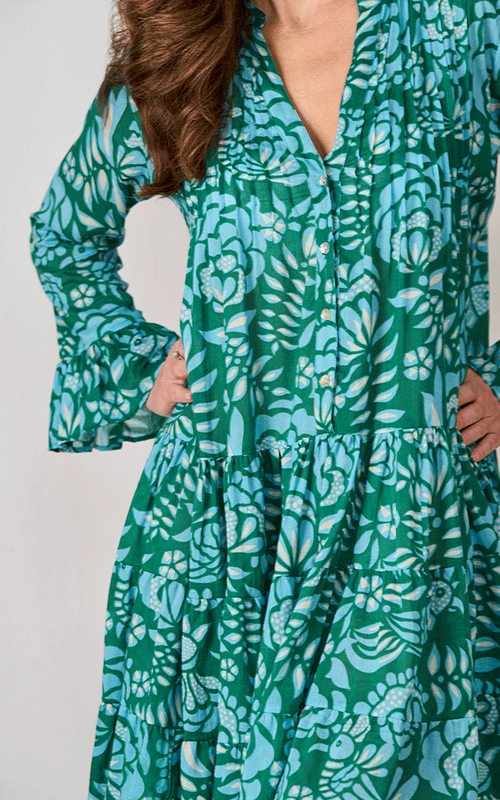 Asha Cotton Printed Dress - Green & Blue