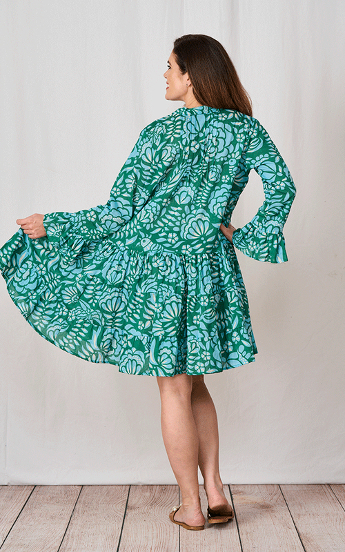 Asha Cotton Printed Dress - Green & Blue