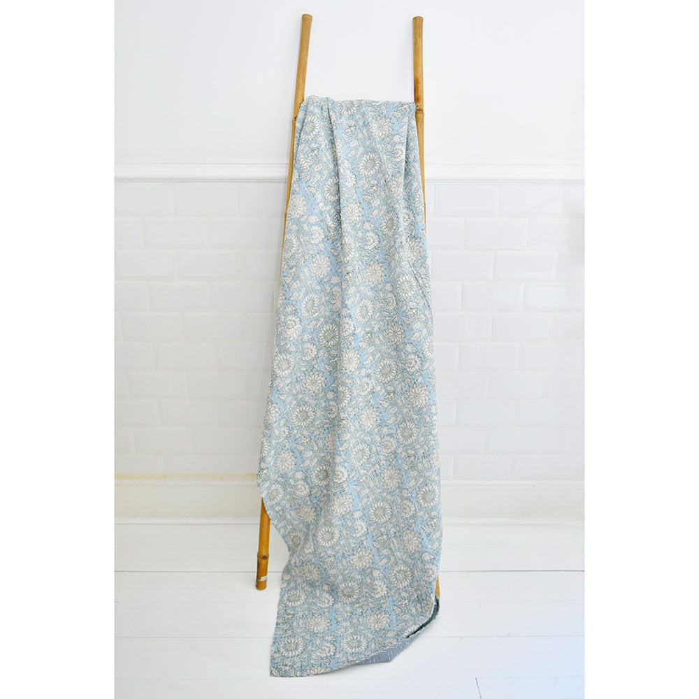 Cornflower Blue Floral Kantha Quilt