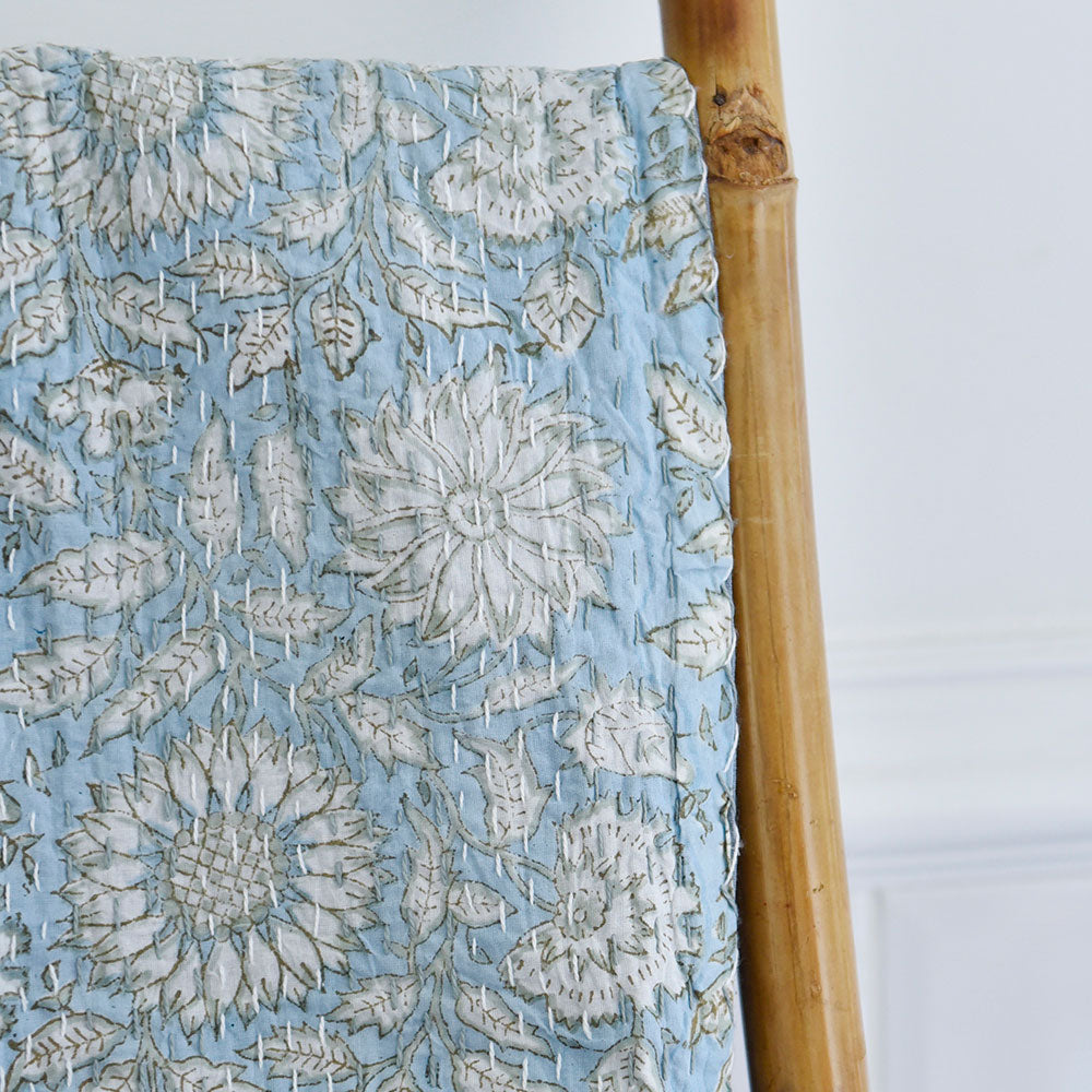 Cornflower Blue Floral Kantha Quilt