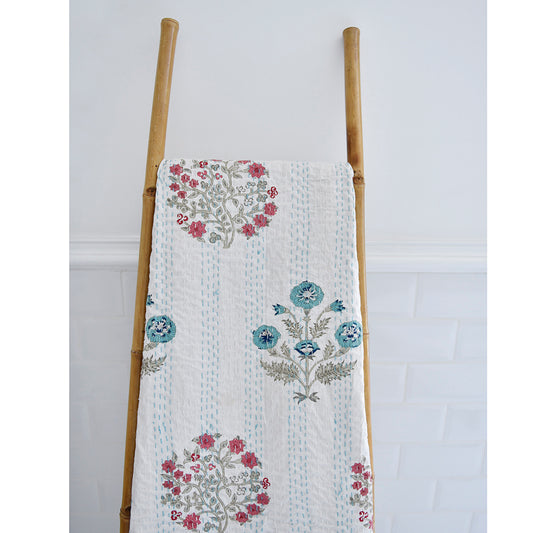 Blue & Pink Floral Block Print Kantha Quilt