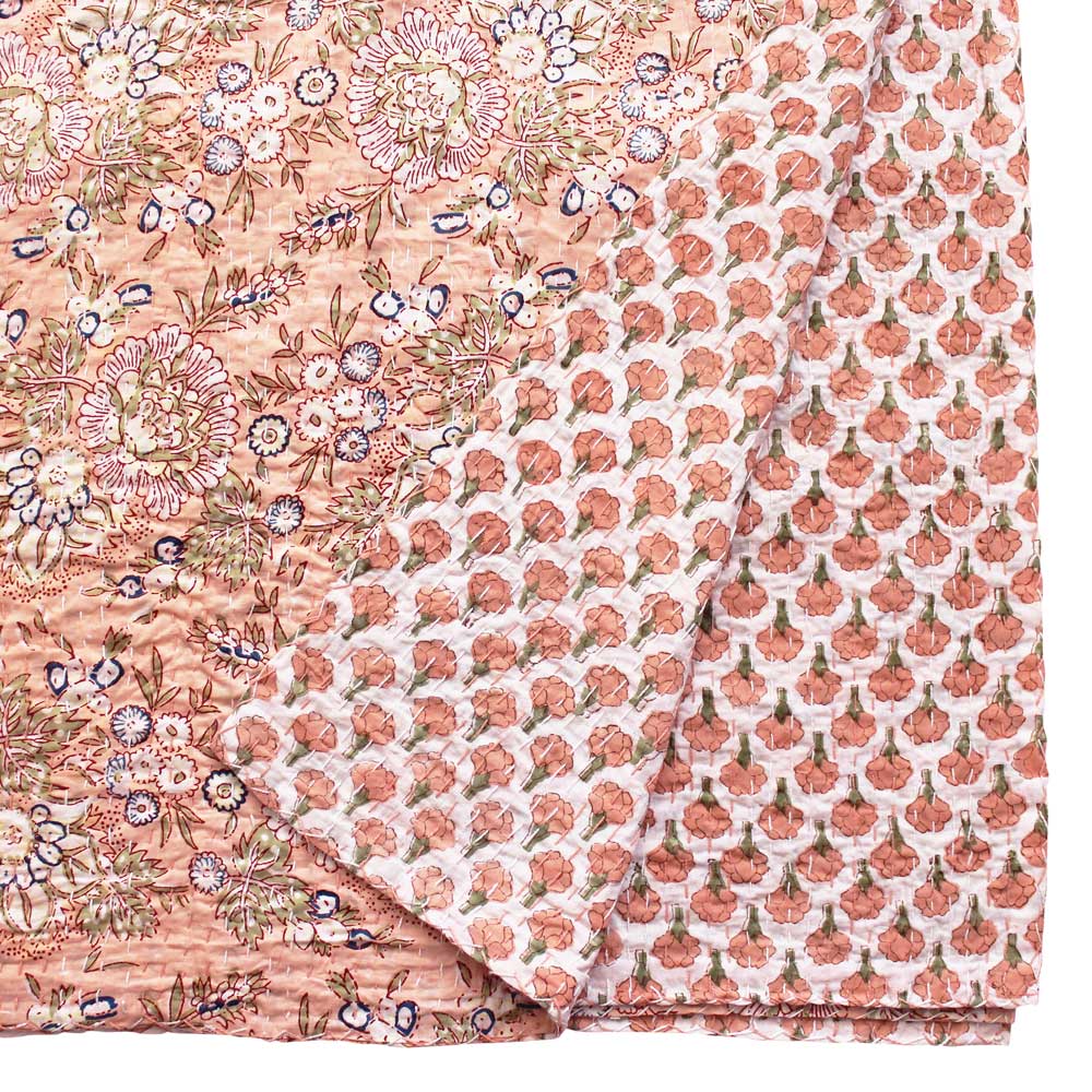 Peach & Green Floral Kantha Quilt