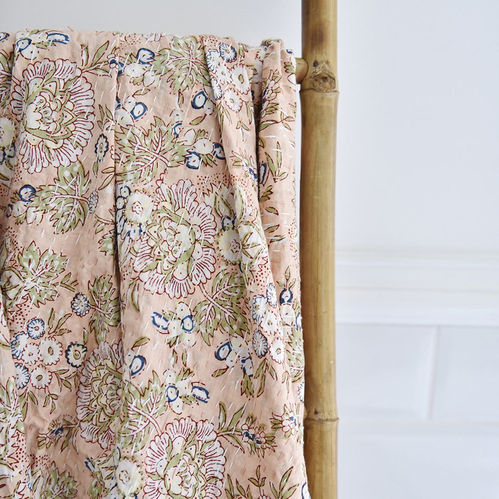 Peach & Green Floral Kantha Quilt