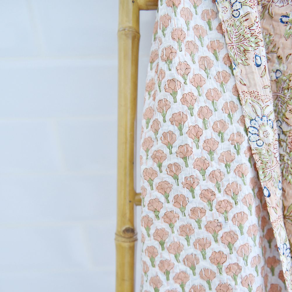Peach & Green Floral Kantha Quilt