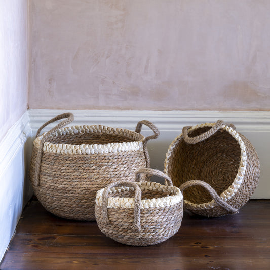 Straw and Corn Basket with Cream Braid - Set of 3