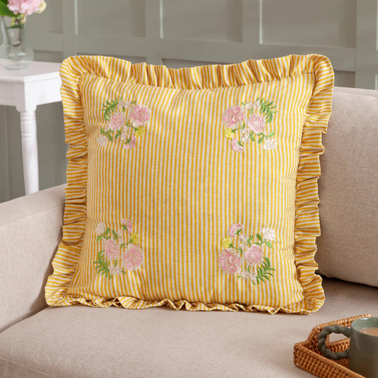 Martha Embroidered Ruffle Cushion - Yellow