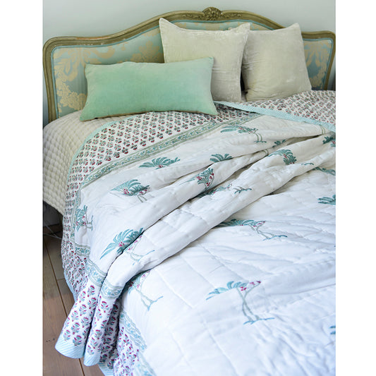 Cool Mint & Dark Pink Palm Block Print Quilt