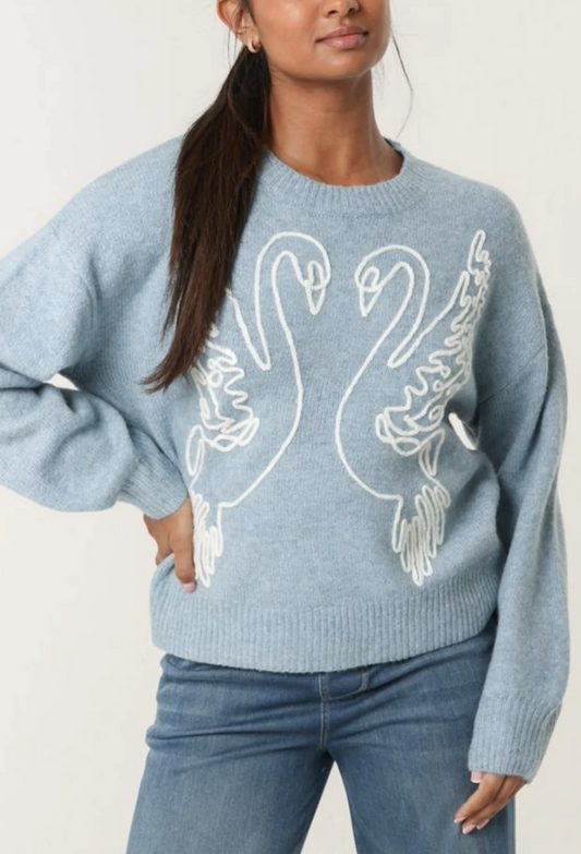 Swan Embroidered Knit Jumper - Blue
