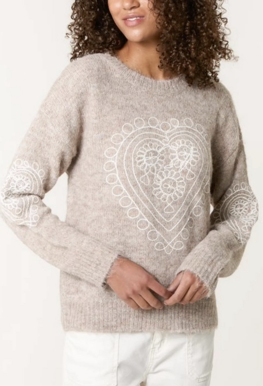 Heart Embroidered Knit Jumper - Mocha